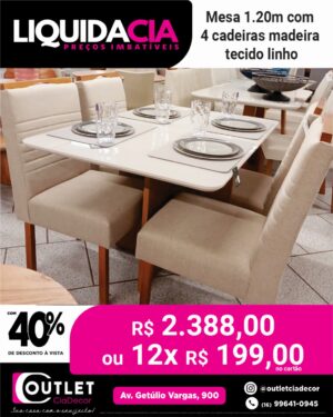 Mesa 1,60m off white com 6 cadeiras em madeira e tecido linho bege